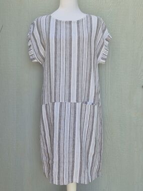 GARNET HILL Tunic Dress Women's Gray White Striped Pocket 100% LINEN Size M